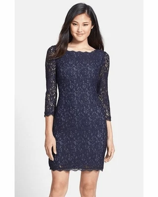 Adrianna Papell Navy Blue Lace Long Sleeve Sheath Dress Sz10, Occasion - Image 1 of 4