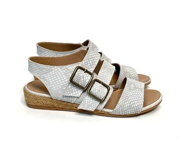 Eric Michael Sz 7/38 White/Gray Leather Snake Print Buckle Open Toe Sandal Spain - Image 1 of 4