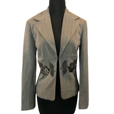 Chaqueta de Traje Cache Luxe Marrón Avena Elaborada Adornada con Cuentas Forrada $328 Nueva con Etiquetas Foto 1 de 4