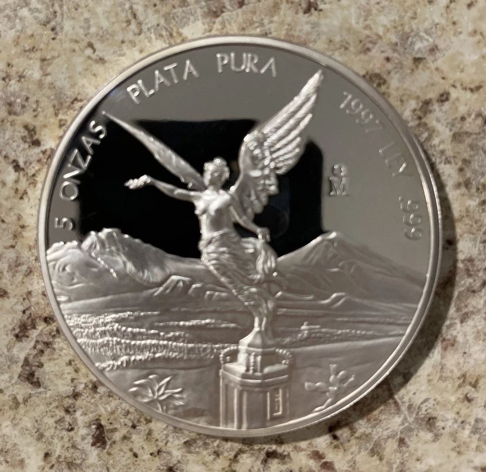 México 1997 5 oz .999 plata fina Libertad BU, acabado espejo tonificado limpio Foto 1 de 4