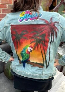 1970's Hawaiian surf - Parrot & palm trees - HAND painted Denim Jacket Ladies XL - Picture 1 of 4