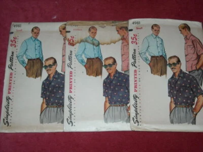 💐 1955 SIMPLICITY #4981 - MEN'S LONG or SHORT SLEEVE SHIRT PATTERN SM or MED FF - Image 1 of 2