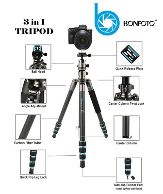 BONFOTO B674C Camera Carbon Fiber Travel Lightweight 3 in 1 Tripod + Carry Case - Image 1 of 4