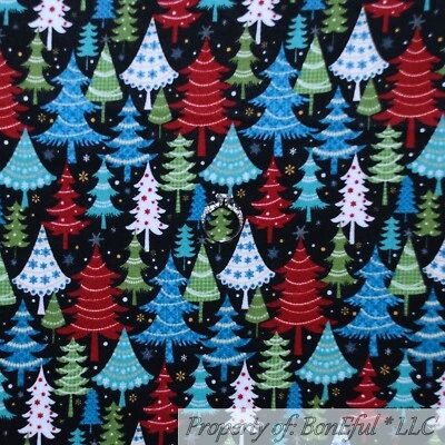 BonEful FABRIC FQ Cotton Quilt Flannel Black Red Green Xmas Tree White Dot Blue - Image 1 of 4