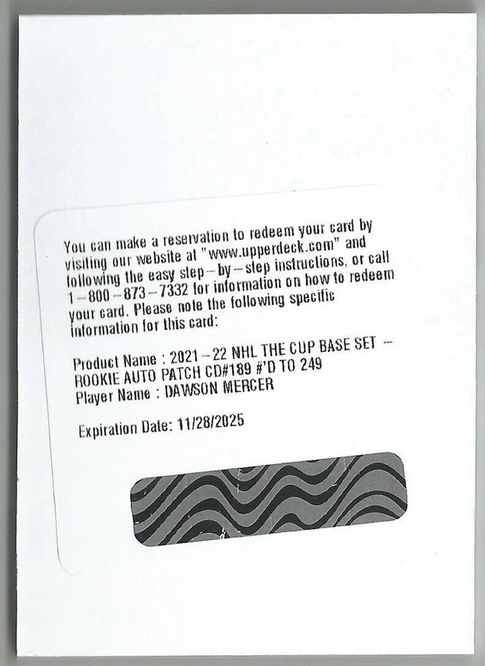 2021-22 The Cup Rookie Auto Patch DAWSON MERCER 189 249 New Jersey Devils RC RPA - Image 1 of 1