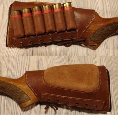 Real Leather Shotgun Shell Cartridge Buttstock Holder -Holds 6 shells 12 & 20 ga - Image 1 of 4