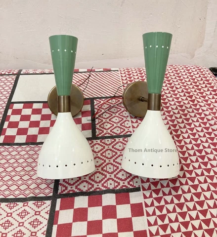 1950's Mid Century Brass Italian Diabolo Wall Sconce Green & White Lights Fixtur Cover