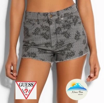 Pantalón Corto Denim Floral Tiro Alto GUESS Talla 26 Gris y Negro Foto 1 de 4