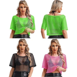 Women Shirt Off Shoulder T-shirt Dance Tops Club T-shirts Punk Crop Top Sheer - Picture 1 of 45