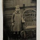 Antique Tintype Photograph Adorable Little Boy With Dress On Standing Outside