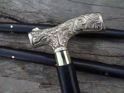 Bastone da passeggio stile ottone manico legno argento vittoriano antico design - Immagine 1 di 4