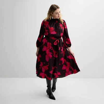 Nine West Dress Women's Size Large Pink Pica Floral Print High Neck Midi NWT - Image 1 of 4