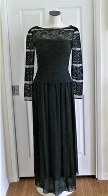 Oscar de la Renta Black Silk Chiffon Point D-Esprit Lace Ruched Gown Vtg 10 S XS - Image 1 of 4