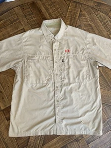 Mens UNDER ARMOUR Beige Tan Short Sleeve Button Fishing Shirt Red Logo 032 - Picture 1 of 12
