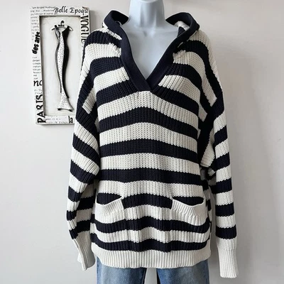 Zara Pullover Cotton Striped Knit Relaxed Fit Hooded Knit Sweater Size L - Image 1 of 4