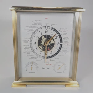 Bulova World Time Desk Mantle Clock Airplane Second Hand Thermometer Hygrometer - Picture 1 of 10