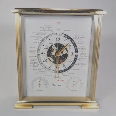 Bulova World Time Desk Mantle Clock Airplane Second Hand Thermometer Hygrometer - Image 1 of 4