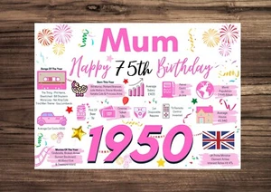 MUM MOTHER Happy 75th Birthday Card Greeting 1950 Memories Birth Year Facts 75 - Picture 1 of 9