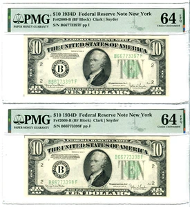 (2) Consecutive 1934-D $10 FRN New York BF Block PMG Choice Uncirculated 64EPQ - Picture 1 of 6