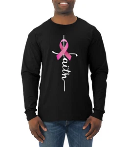 Faith Breast Cancer Ribbon Men Long Sleeve Shirt - Picture 1 of 8