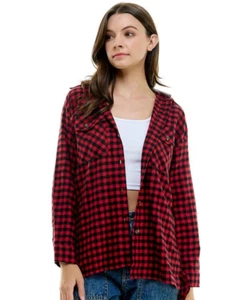 OVER SIZED WOMEN'S COTTON HOODED PLAID PATTERN SHIRTS, Size-L - Picture 1 of 5