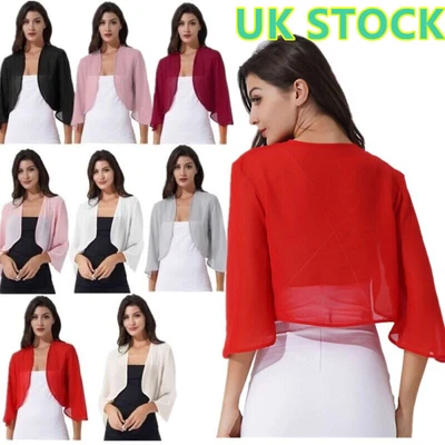 FEESHOW AU Women Elegant Bolero Shrug 3/4 Sleeve Open Front Cardigan Shawl Cover - Image 1 of 4
