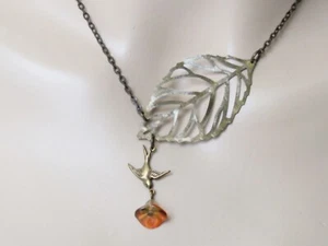 Leaf Necklace Bird Necklace Bird Jewelry Leaf Jewelry Nature Jewelry Swallow Nec - Picture 1 of 5