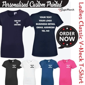 Personalised Custom Printed Ladies V-Neck T-Shirt Your Text Short Sleeve Top - Picture 1 of 14