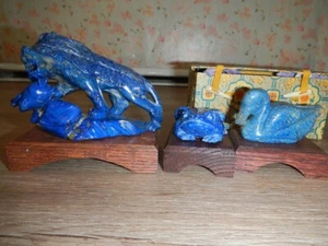 Gorgeous Antique Chinese Lapis Lazuli Set of Three Lion, Duck, Frog Unique Rare - Picture 1 of 12