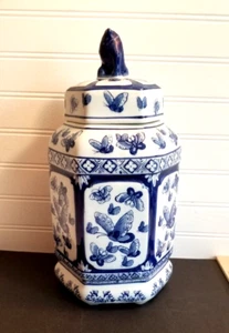 Large Blue & White Ceramic Ginger Jar Hexagon Canister with Lid 13" Butterflies - Picture 1 of 17