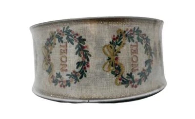 2.5" Wide X 50 Yard Premium Wired Holiday Ribbon White W/ Glitter Noel Gold Trim - Image 1 of 3