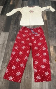 LL Bean rot Flanell Hose & Top Set Damen Medium Schneeflocke Lounge Nachtwäsche - Bild 1 von 9