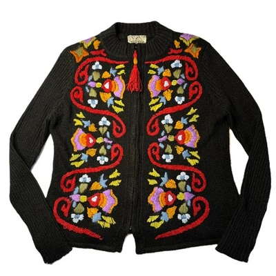 Cárdigan Suéter Anthropologie Curio Cremallera Mujer Grande Negro Floral Y2K Arte Boho Foto 1 de 4