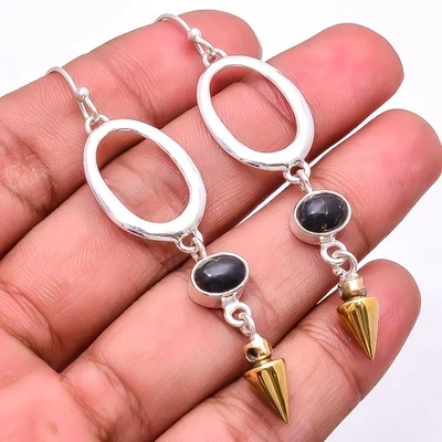 Copper Black Turquoise 925 Sterling Silver Two Tone Arrow Head Earring 2.73" E40 - Image 1 of 4