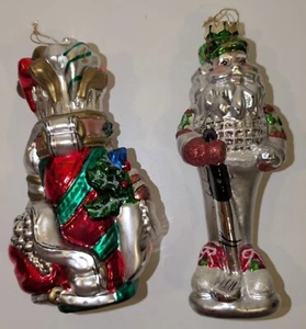 Golf Christmas Ornaments Blown Glass Santa & Kurt Adler Golf Bag - Set of 2 - Picture 1 of 15