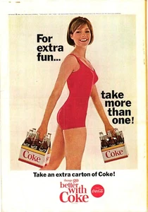 Coca Cola Print Ad FOR EXTRA FUN TAKE MORE THAN ONE! Brunette Swimsuit c1965 - Picture 1 of 1