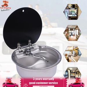 Fregadero de acero inoxidable para autocaravana caravana cámper lavabo redondo lavado a mano con tapa + grifo - Imagen 1 de 18