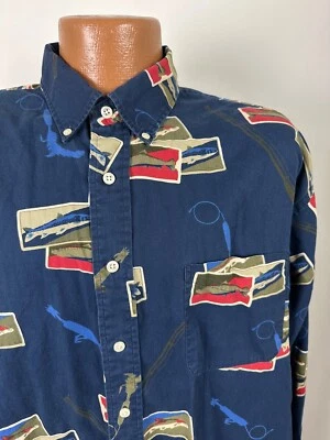 Vintage 90s Fishing Shirt Men XL Oversized AOP Navy Button Down Daniel Cremieux - Image 1 of 4