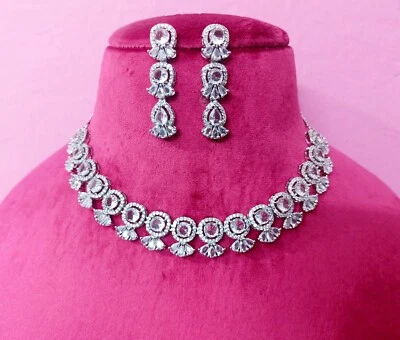 Gargantilla collar blanco nupcial indio circonita cúbica pendientes largos gargantilla ropa de fiesta Foto 1 de 4