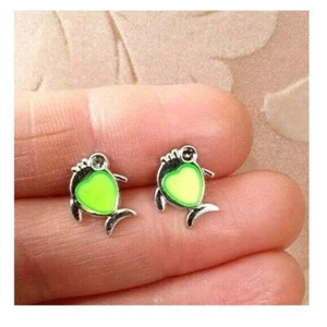 Fish & Heart Stud Earrings, Quirky Kawaii Kitsch Retro Green & Silver Cute Studs - Picture 1 of 4