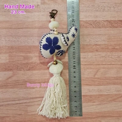 Handmade Elephant Keychain Thai Fabric Tassel Pom Pom Bag Charm Boho Gift - Image 1 of 4