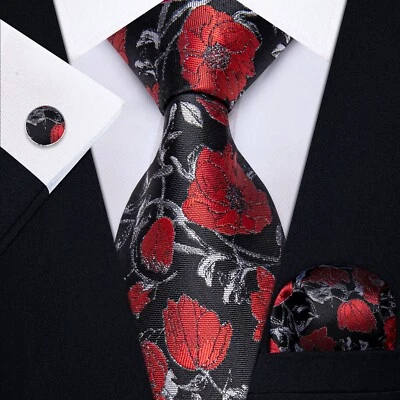 ITALIAN DESIGNER Black & Red Poppy FLORAL SILK TIE, HANKY & CUFFLINKS - Image 1 of 4