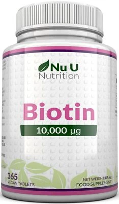 NU U NUTRITION Biotin 10,000mcg 365 tablets Maximum strength Healthy Hair Skin Nails Growth