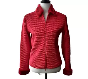 Samuel Dong Womens Red Quilted Faux Fur Collar Cuff Full Zip Blazer Jacket Top S - Picture 1 of 10