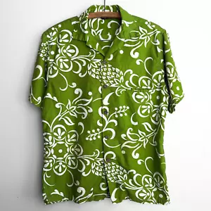 Vintage 1960s Green & White Floral Cotton Button Up Mens Large Hawaiian Shirt - Picture 1 of 5