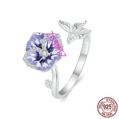 S925 Sterling Silber Stiefmütterchen Offener Ring Blume Verstellbarer Damenring - Bild 1 von 4