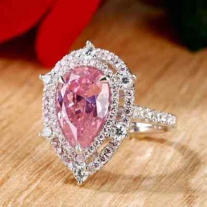 3.65 CT pear cut Tourmaline pink & white cz Double halo 925 sterling silver Ring - Picture 1 of 4