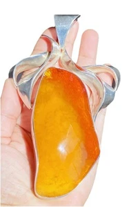 Huge Vintage Modernist Amber Cabochon Sterling Silver 5.75” Pendant 146-GRAMS - Picture 1 of 16