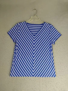 Camisa Talbots Mujer Top Grande Azul Rayas Mezcla de Lino Manga Corta Cuello en V - Imagen 1 de 7