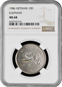 Vietnam 10 dong 1986, NGC MS68, "Natural Protection - Elephant" Cu-Ni coin - Picture 1 of 2